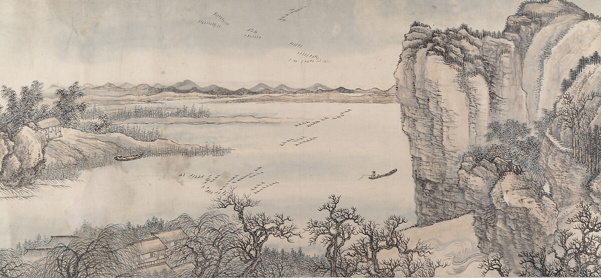 Detail of a Chinese ink landscape by Wang Hui, with a river, mountains and trees
