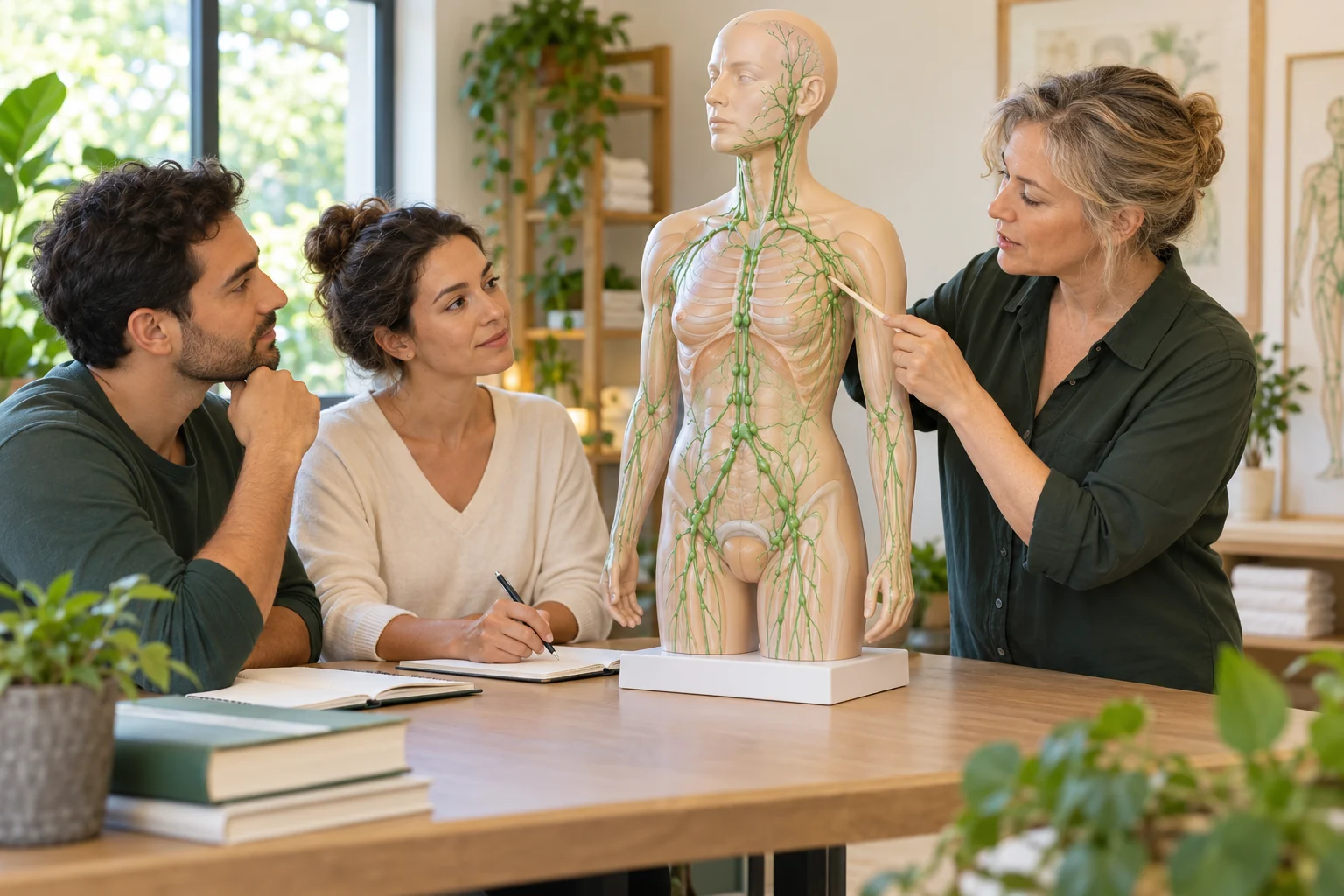Clase ilustrativa estudiando un modelo del sistema linfático